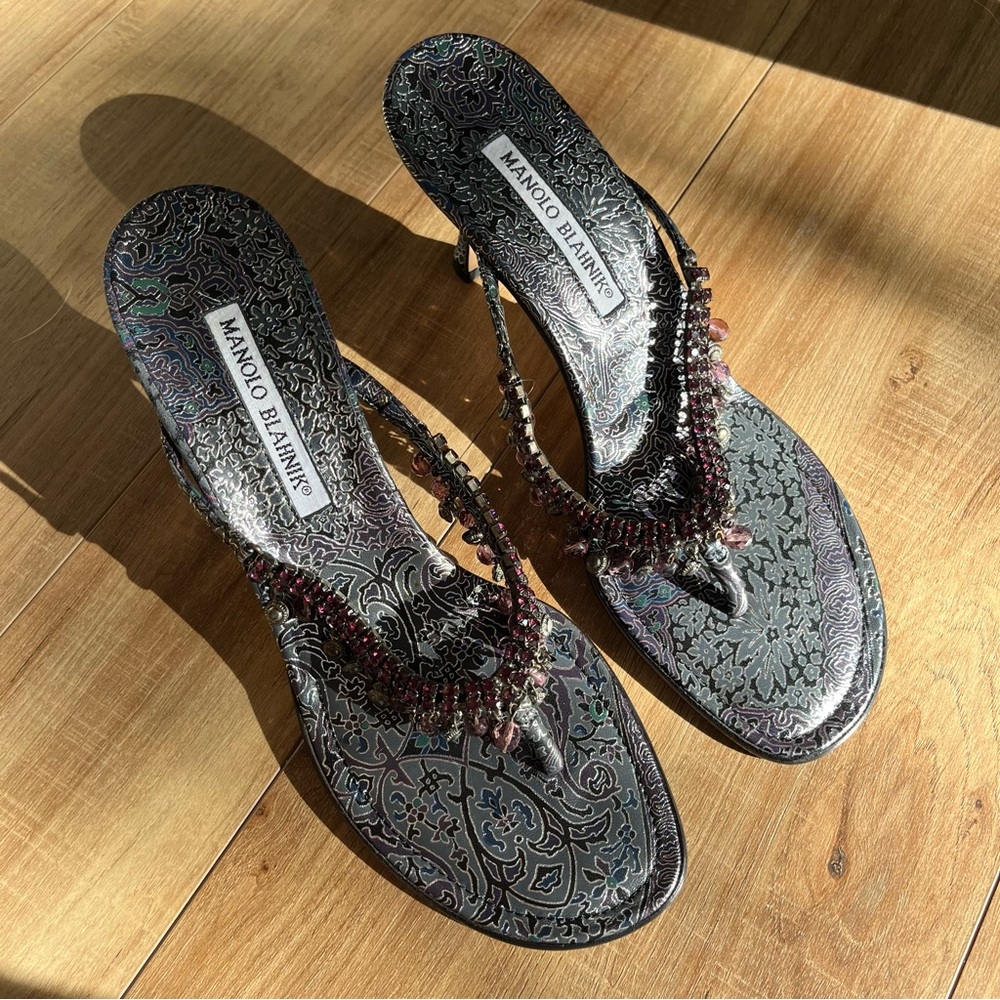 SOLD ❌Vintage Manolo Blahnik Heels Paisley Pattern Design Jewel Sandal Shoes